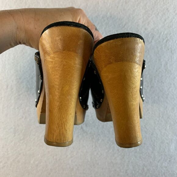 VTG 00s Steve Madden Women Y2K Wooden Platform Clogs Sz 6 Black Leather Studded - Picture 10 of 16